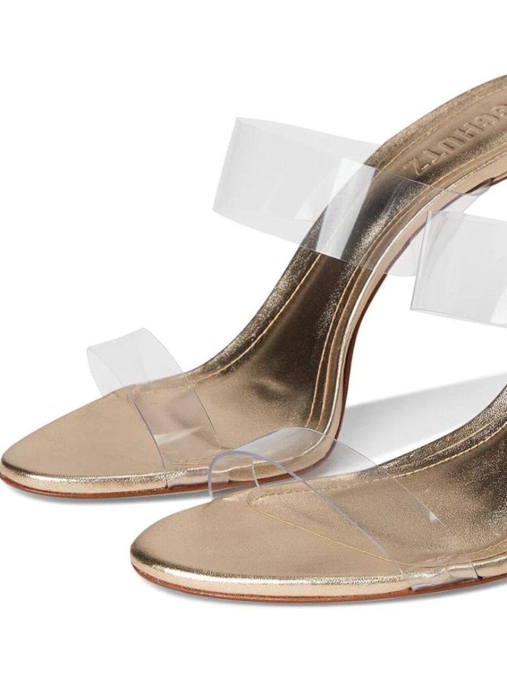 SCHUTZ Ariella Gold Clear PVC Stiletto Sandals Heels Size 6.5 NEW BOX